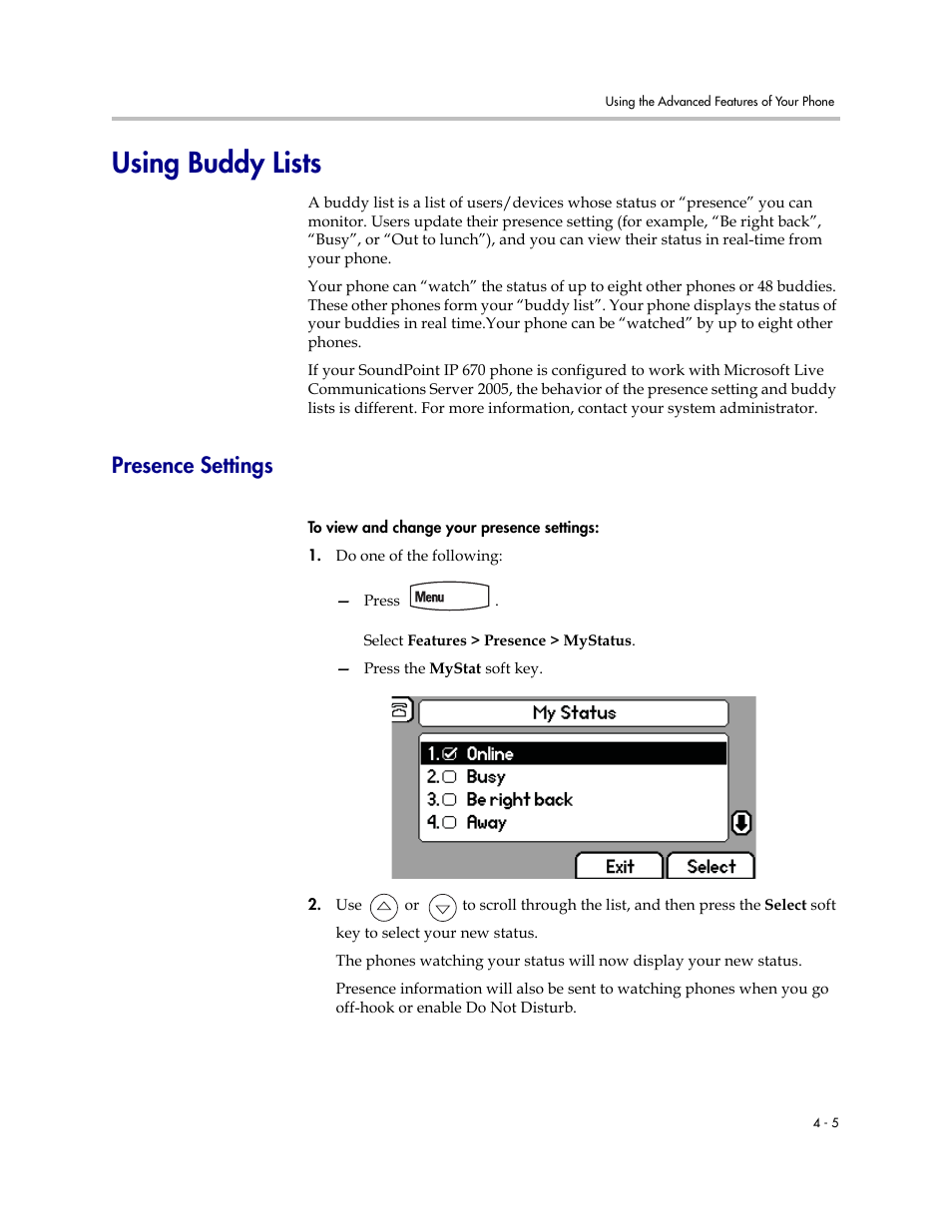 Using buddy lists, Presence settings, Using buddy lists –5 | Presence settings –5 | PYLE Audio SOUNDPOINT IP 670 User Manual | Page 81 / 126
