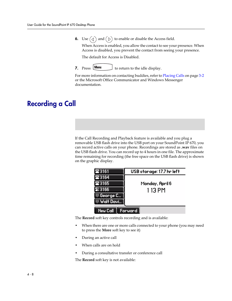 Recording a call, Recording a call –8 | PYLE Audio SOUNDPOINT IP 670 User Manual | Page 84 / 126