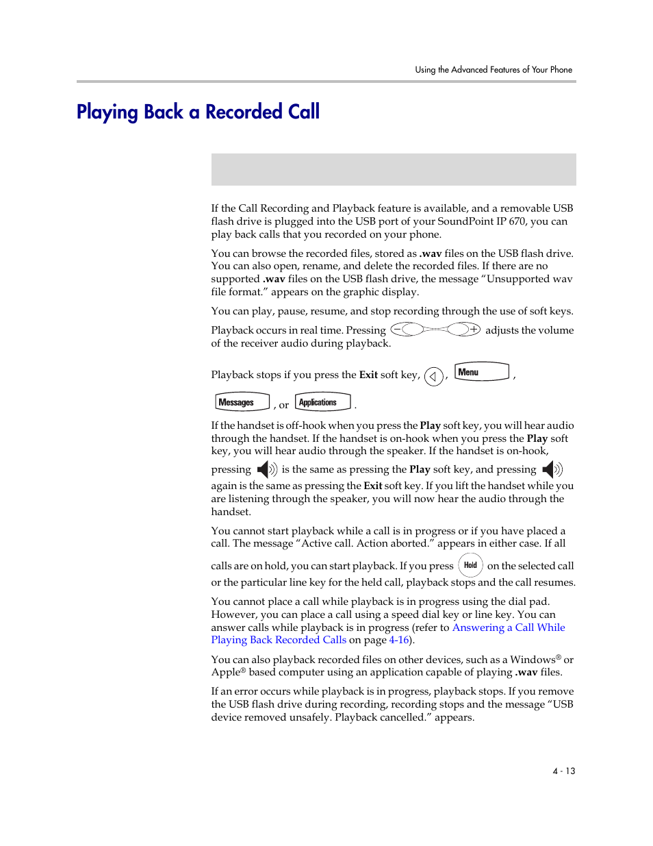 Playing back a recorded call, Playing back a recorded call –13 | PYLE Audio SOUNDPOINT IP 670 User Manual | Page 89 / 126