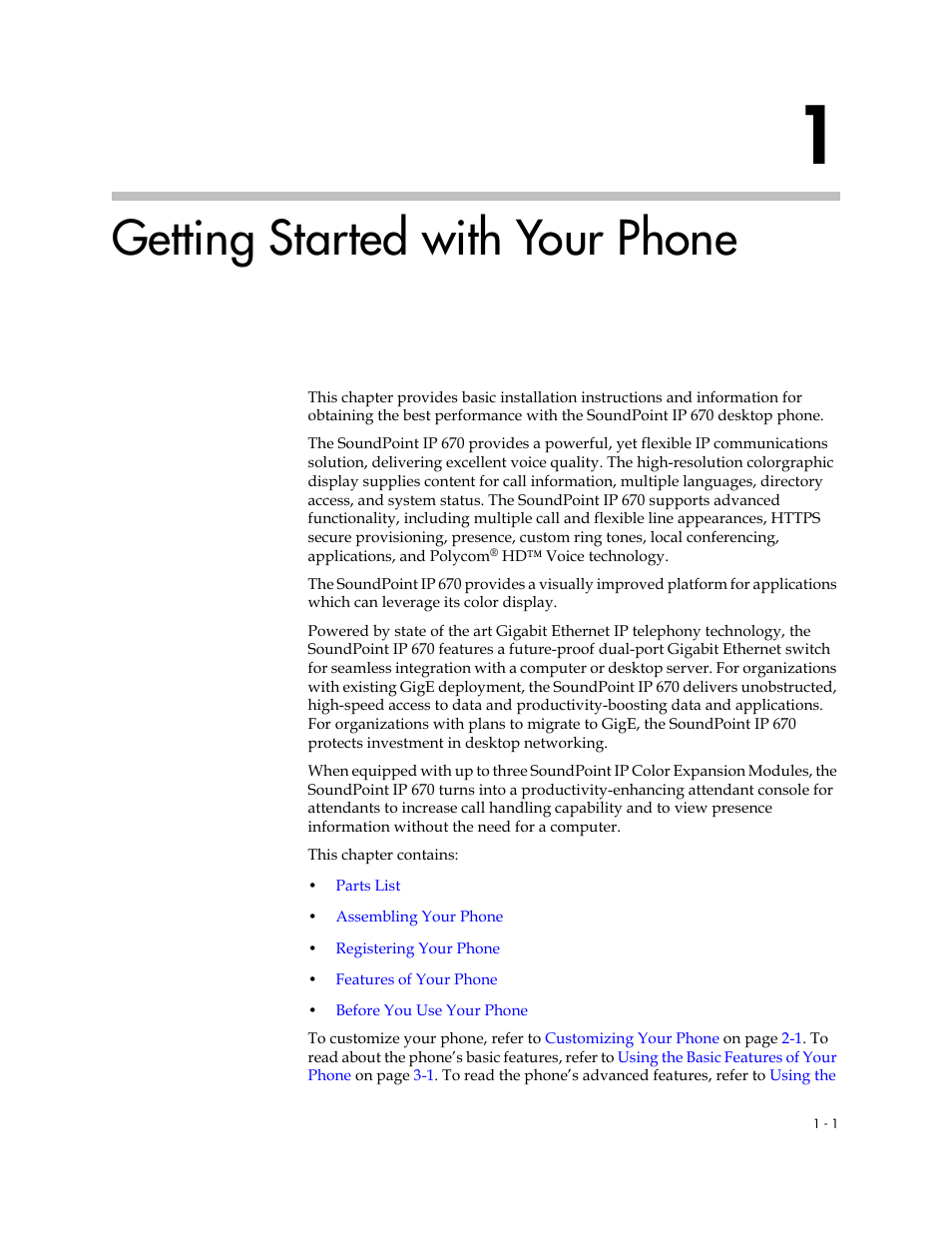 Getting started with your phone, 1 getting started with your phone –1 | PYLE Audio SOUNDPOINT IP 670 User Manual | Page 9 / 126
