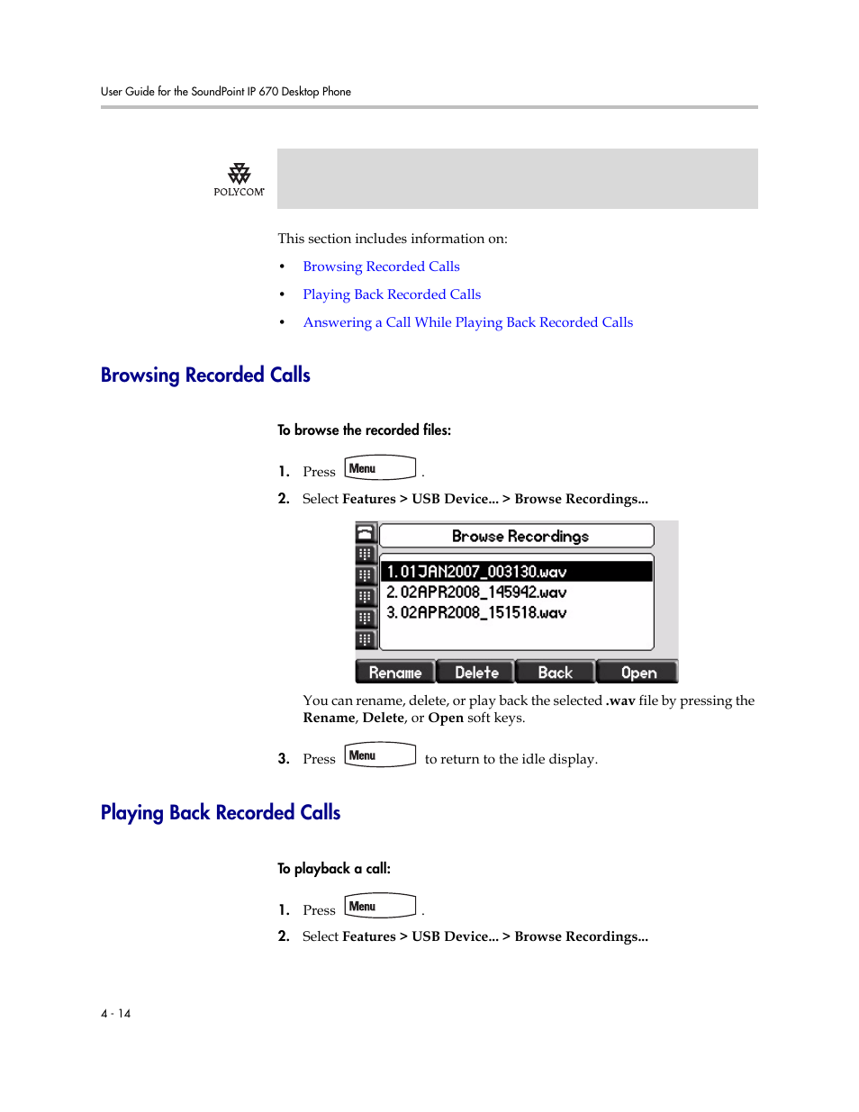 Browsing recorded calls, Playing back recorded calls | PYLE Audio SOUNDPOINT IP 670 User Manual | Page 90 / 126
