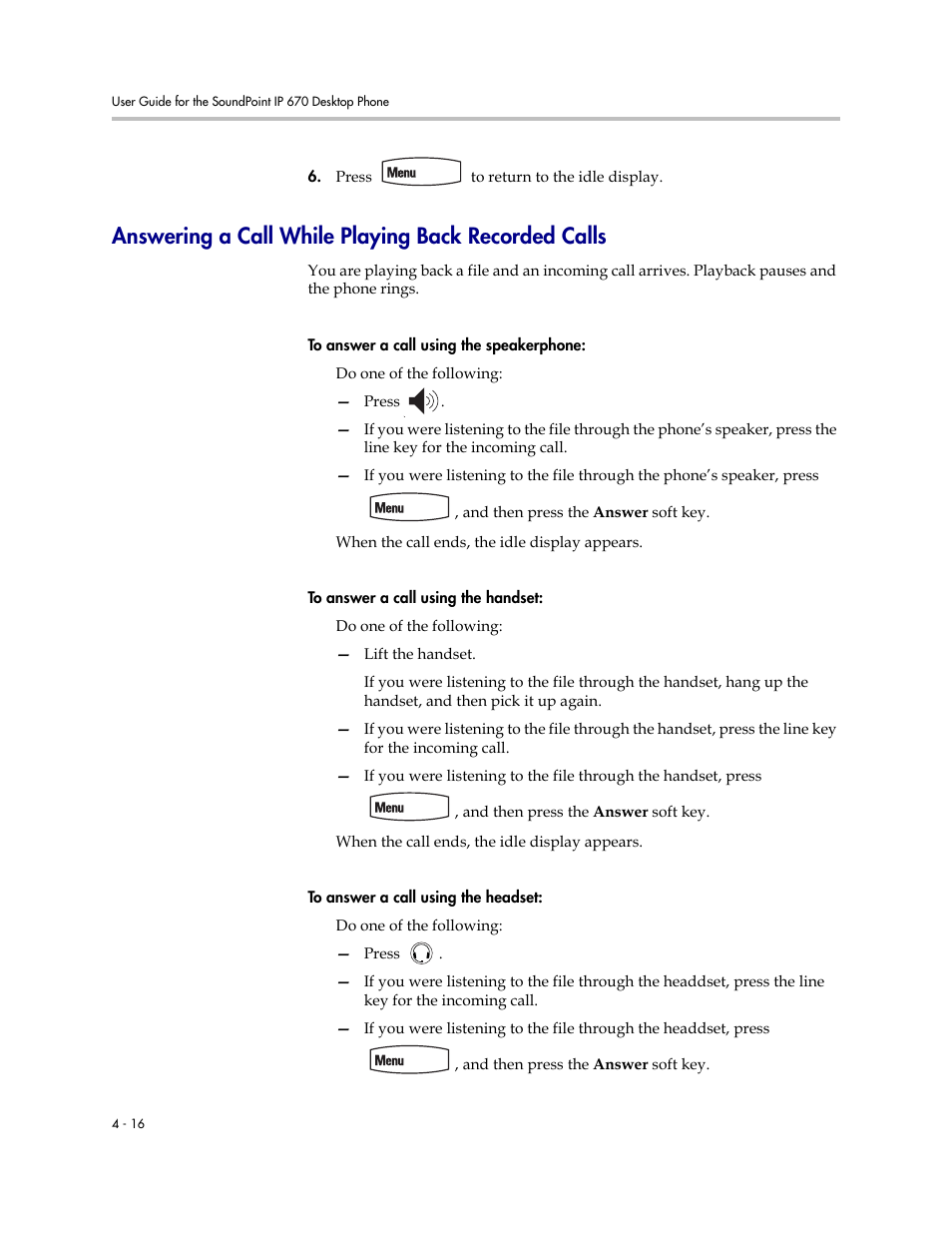 Answering a call while playing back recorded calls | PYLE Audio SOUNDPOINT IP 670 User Manual | Page 92 / 126
