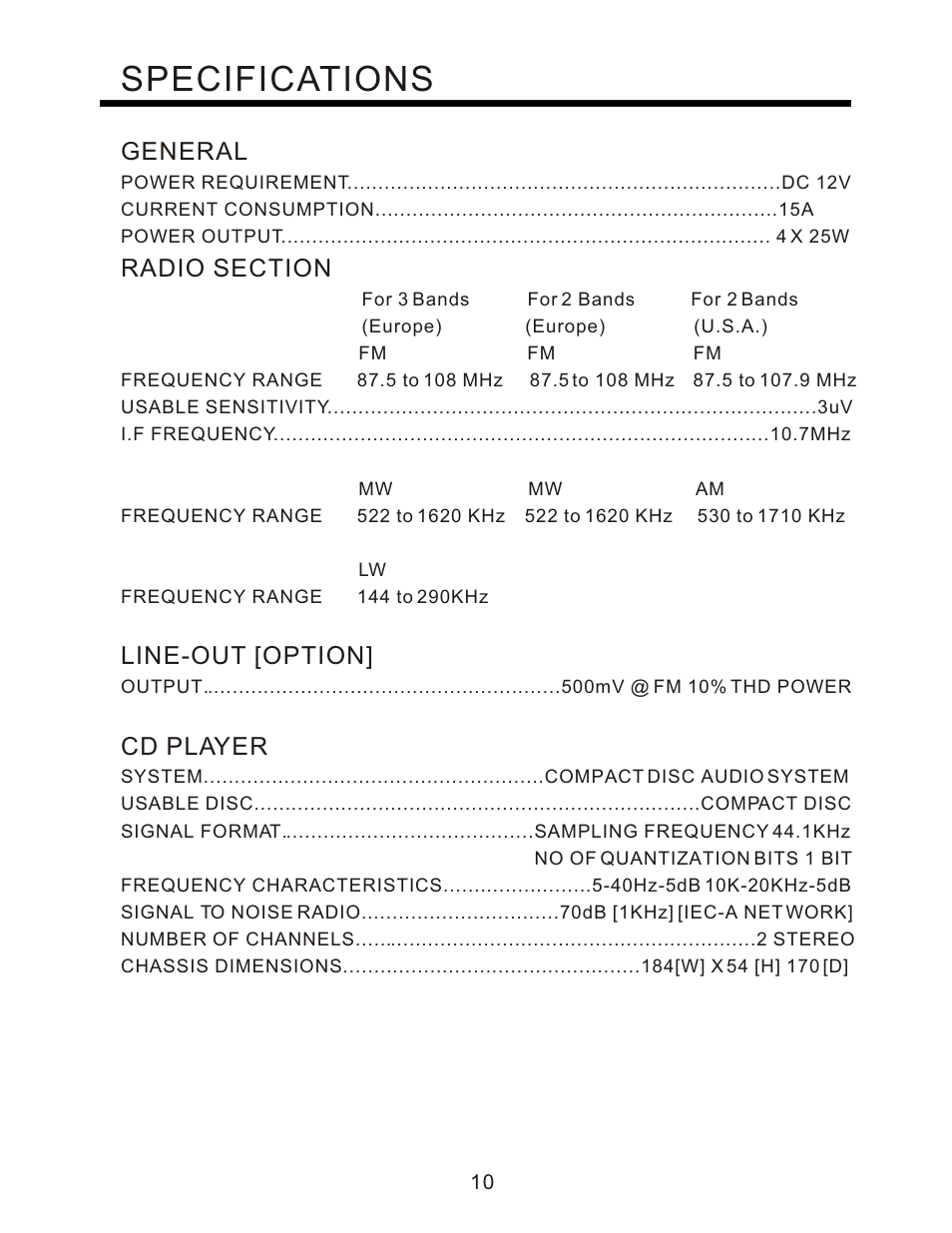 Specifications, General, Line-out [option | Cd player | PYLE Audio PLCD95UM User Manual | Page 11 / 12