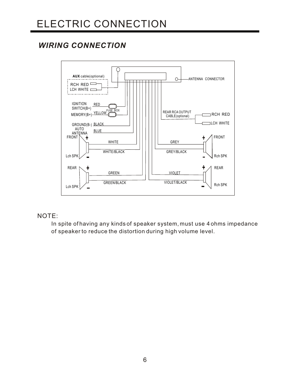 Electric connection, Wiring connection | PYLE Audio PLCD95UM User Manual | Page 7 / 12