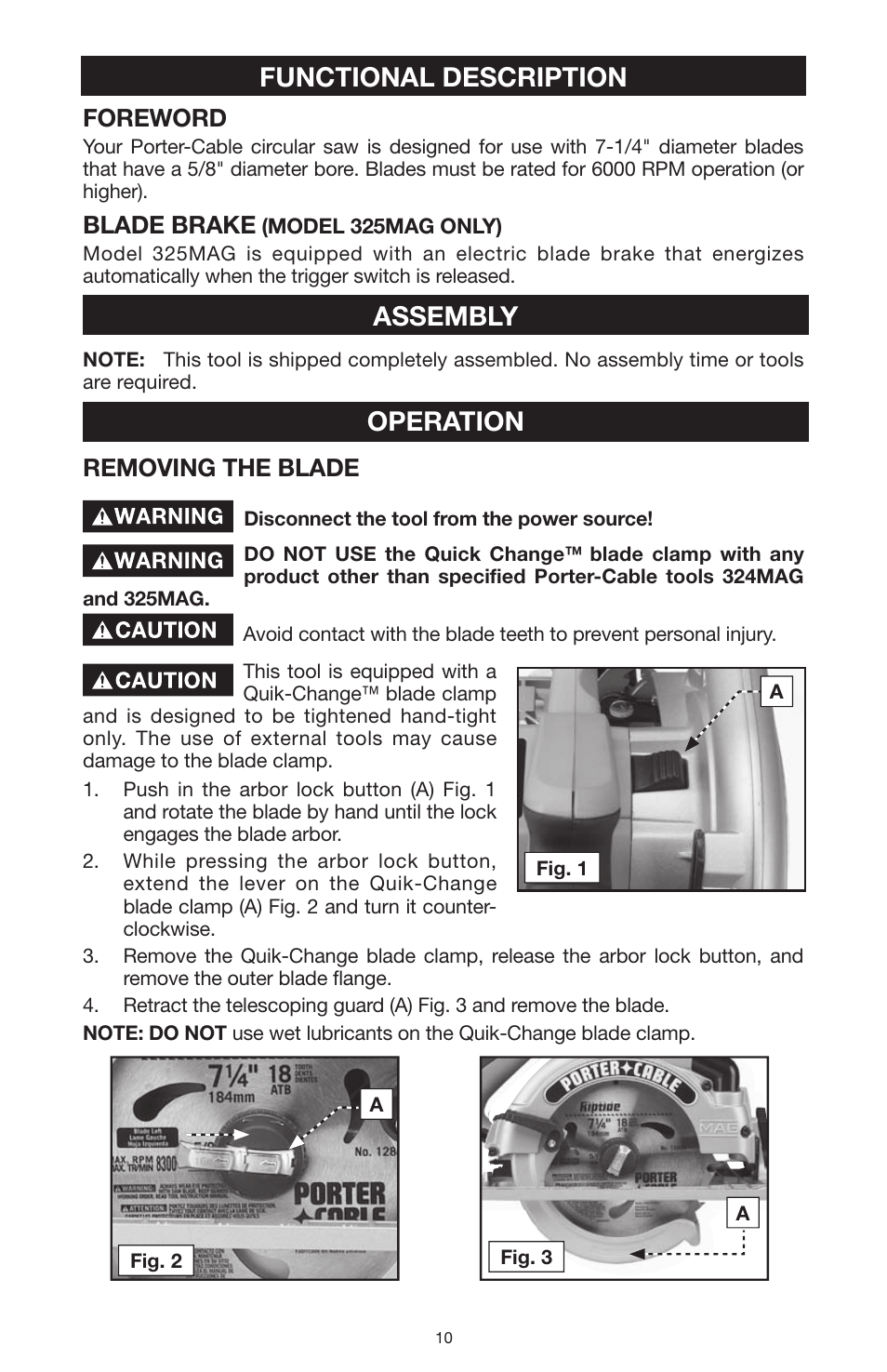 Assembly, Operation, Functional description | Foreword, Blade brake, Removing the blade | PYLE Audio 324MAG User Manual | Page 10 / 56