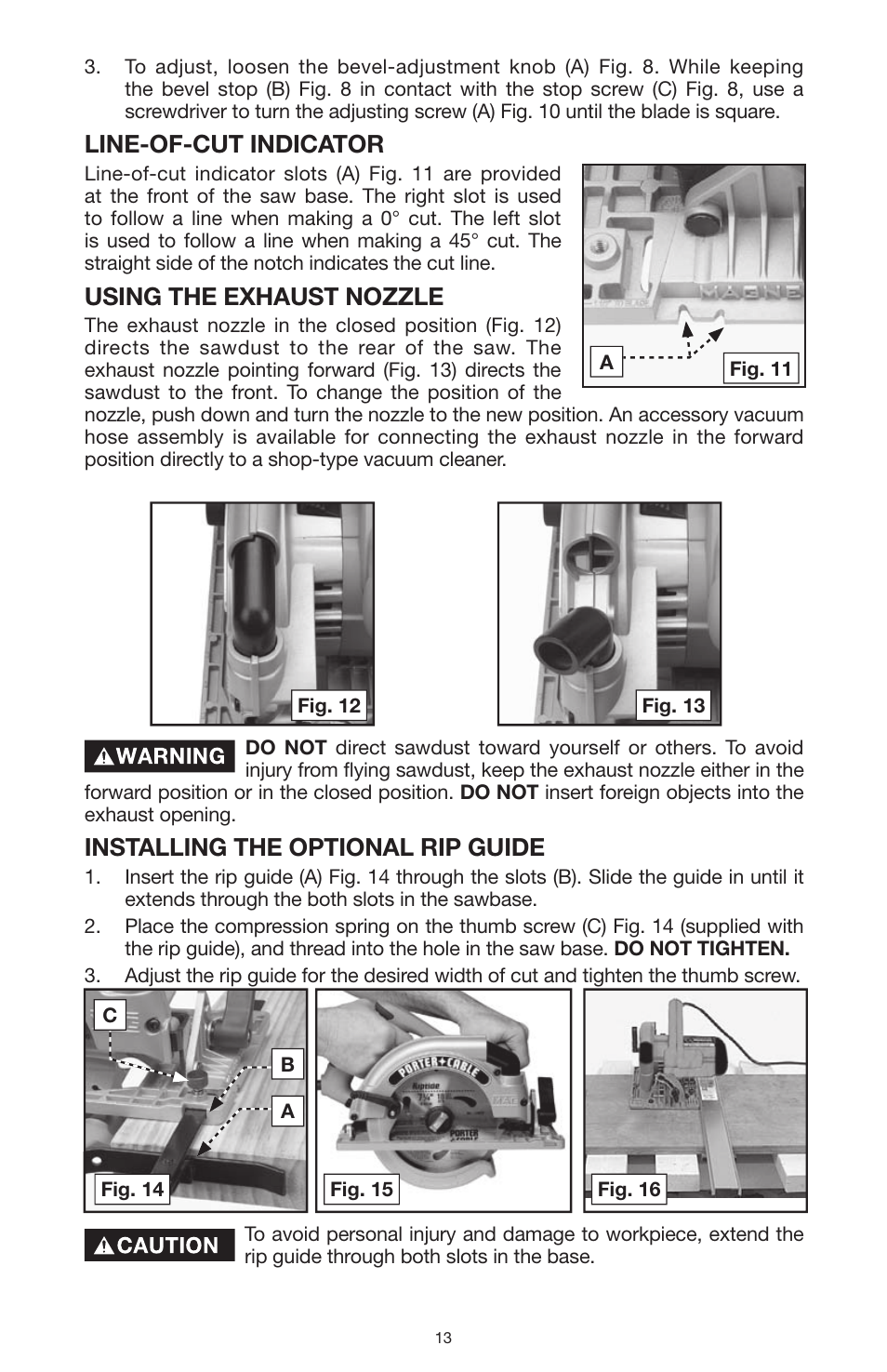 Line-of-cut indicator, Using the exhaust nozzle, Installing the optional rip guide | PYLE Audio 324MAG User Manual | Page 13 / 56