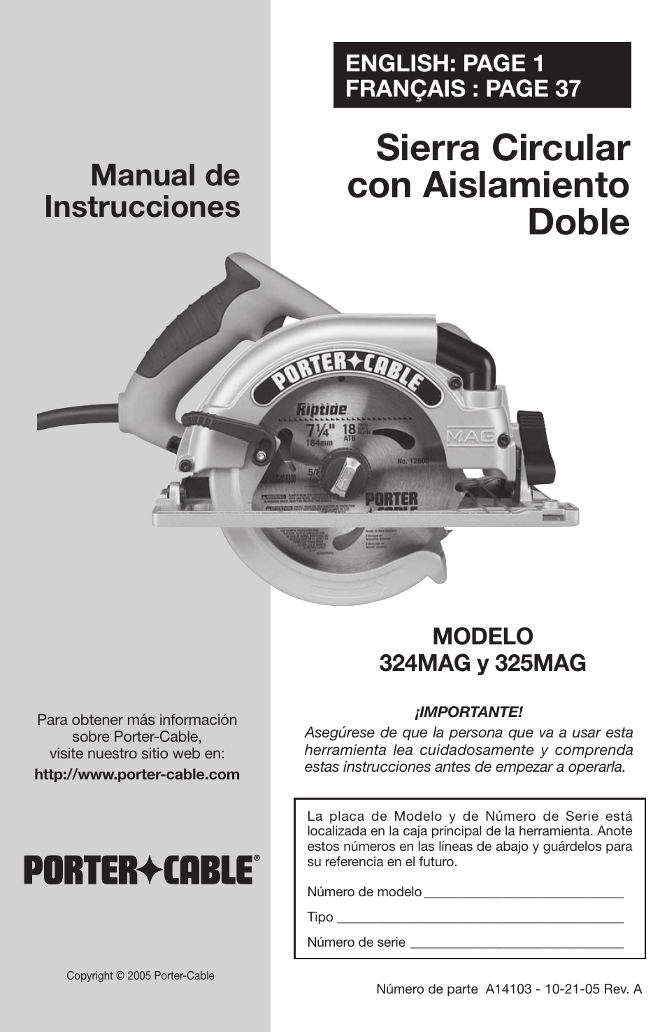 Sierra circular con aislamiento doble, Manual de instrucciones, English: page 1 français : page 37 | PYLE Audio 324MAG User Manual | Page 19 / 56