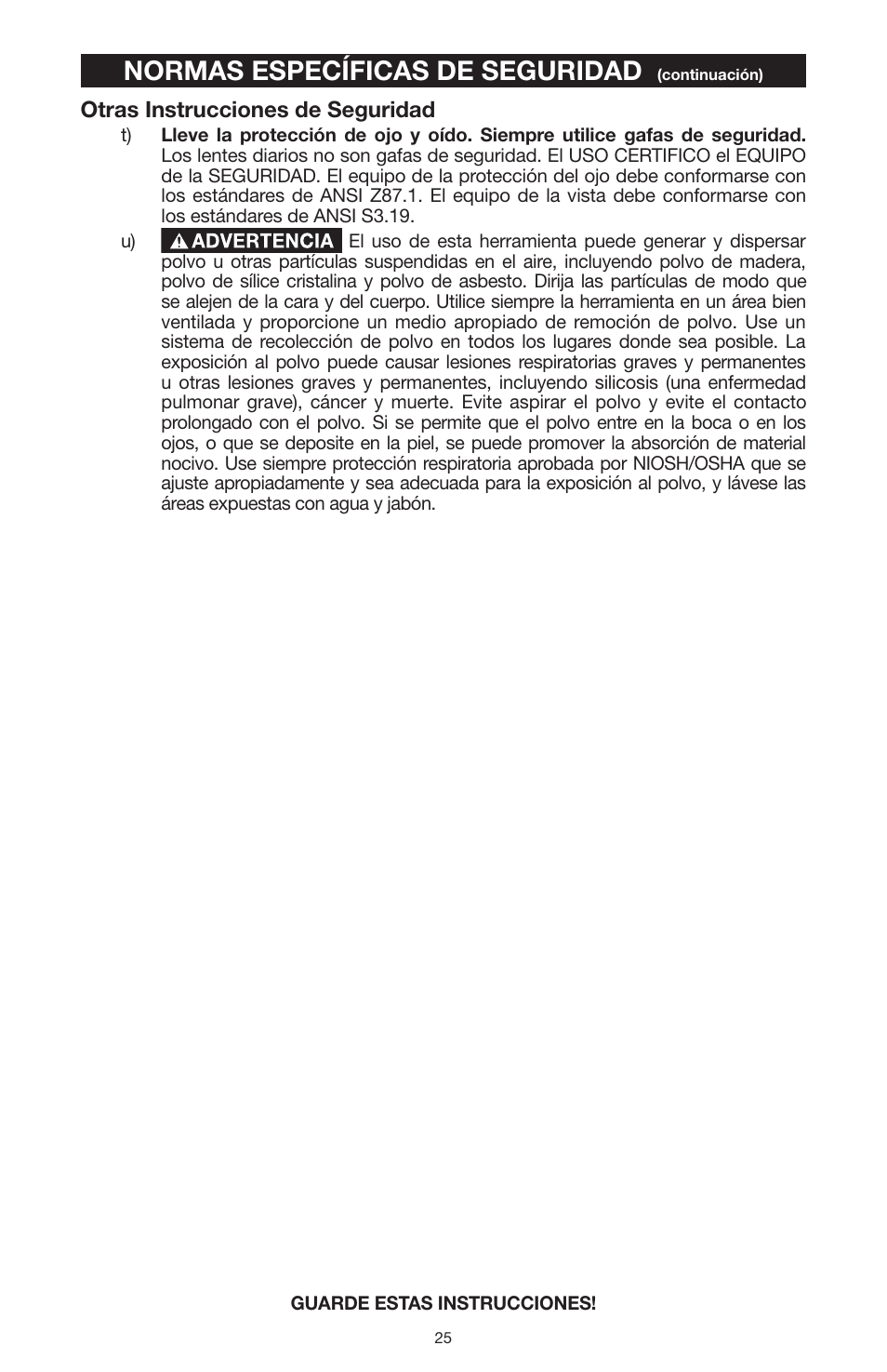 Normas específicas de seguridad, Otras instrucciones de seguridad | PYLE Audio 324MAG User Manual | Page 25 / 56