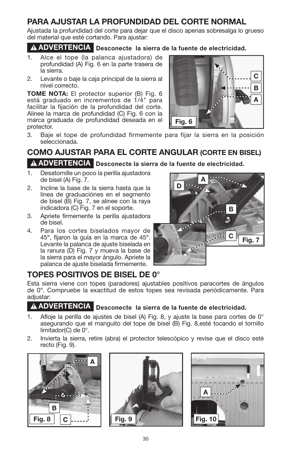 Para ajustar la profundidad del corte normal, Como ajustar para el corte angular, Topes positivos de bisel de 0 | PYLE Audio 324MAG User Manual | Page 30 / 56