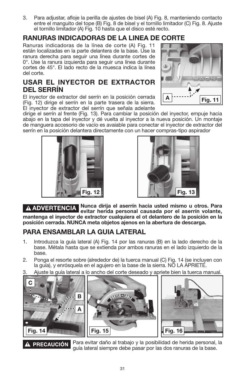 Ranuras indicadoras de la linea de corte, Usar el inyector de extractor del serrín, Para ensamblar la guia lateral | PYLE Audio 324MAG User Manual | Page 31 / 56