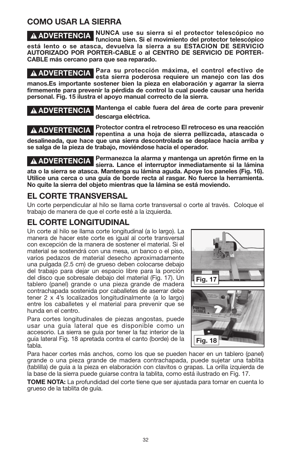 Como usar la sierra, El corte transversal, El corte longitudinal | PYLE Audio 324MAG User Manual | Page 32 / 56