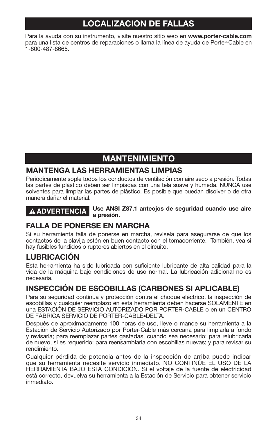 Mantenimiento localizacion de fallas, Mantenga las herramientas limpias, Falla de ponerse en marcha | Lubricación, Inspección de escobillas (carbones si aplicable) | PYLE Audio 324MAG User Manual | Page 34 / 56