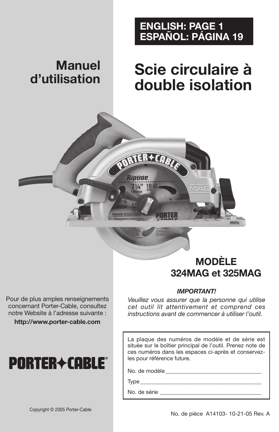 Scie circulaire à double isolation, Manuel d’utilisation, English: page 1 español: página 19 | PYLE Audio 324MAG User Manual | Page 37 / 56