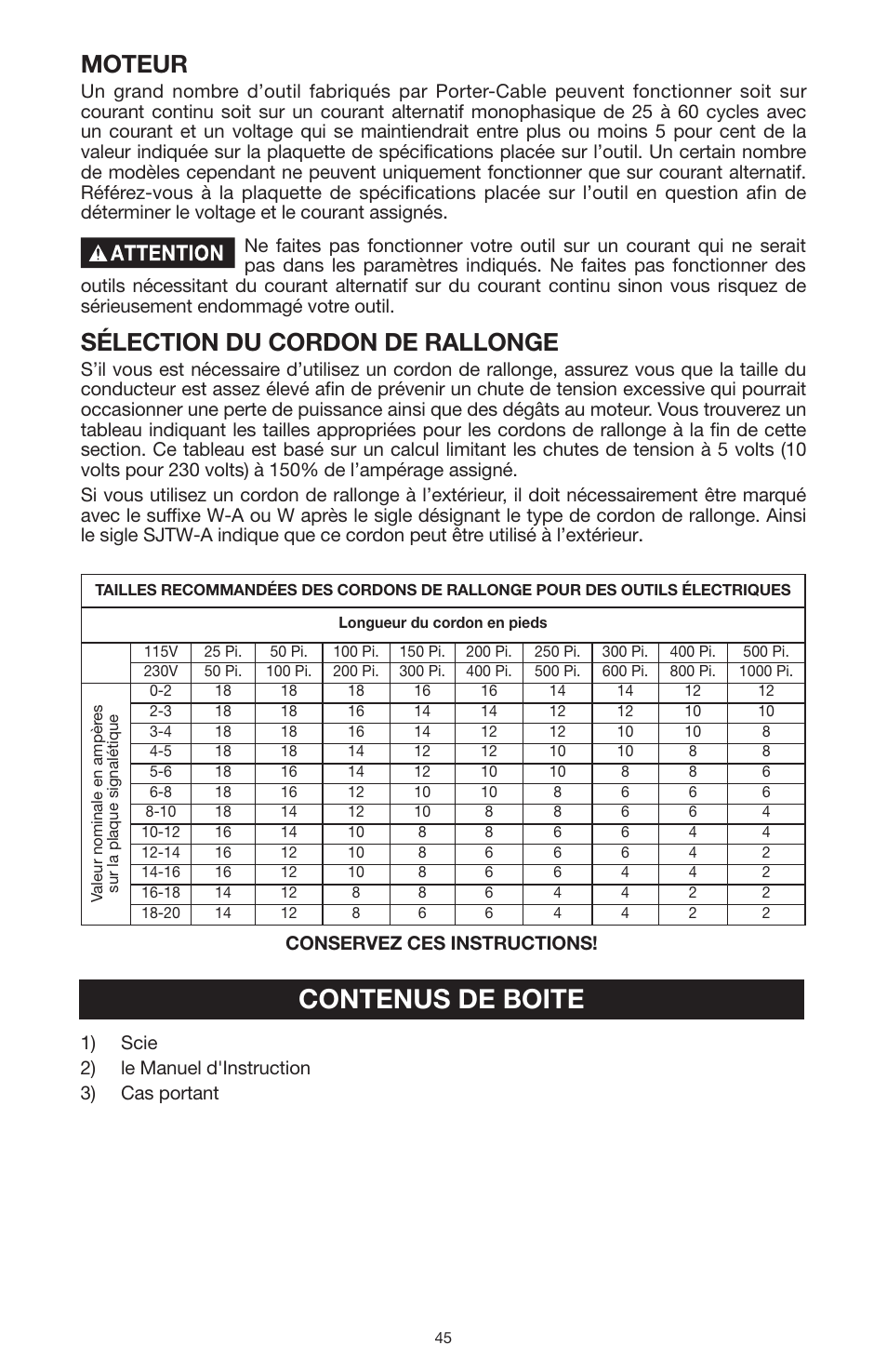 Contenus de boite, Moteur, Sélection du cordon de rallonge | PYLE Audio 324MAG User Manual | Page 45 / 56