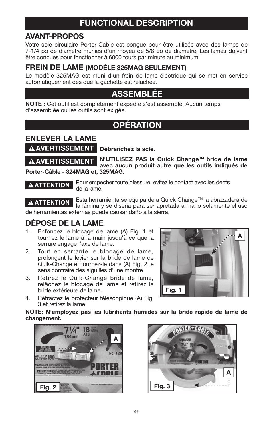 Assemblée, Opération, Description fonctionnelle functional description | Avant-propos, Frein de lame, Enlever la lame, Dépose de la lame | PYLE Audio 324MAG User Manual | Page 46 / 56