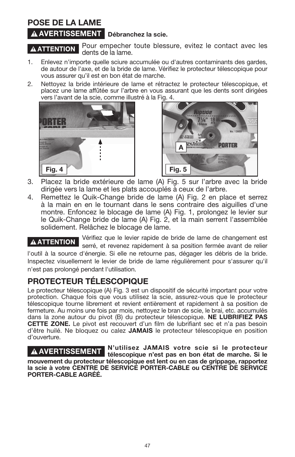 Pose de la lame, Protecteur télescopique | PYLE Audio 324MAG User Manual | Page 47 / 56