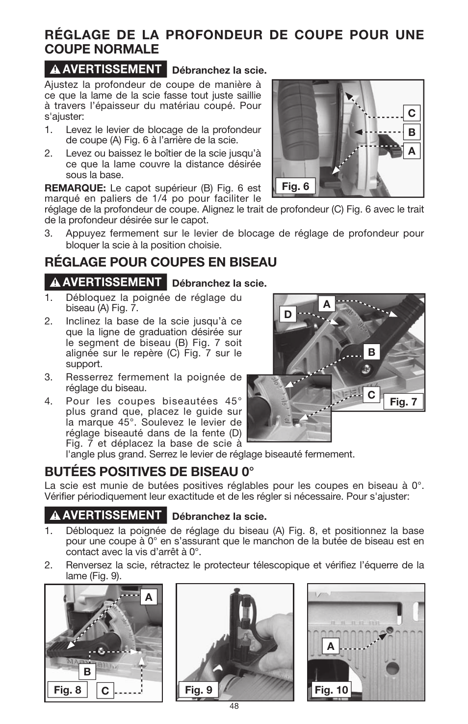 Réglage pour coupes en biseau, Butées positives de biseau 0 | PYLE Audio 324MAG User Manual | Page 48 / 56