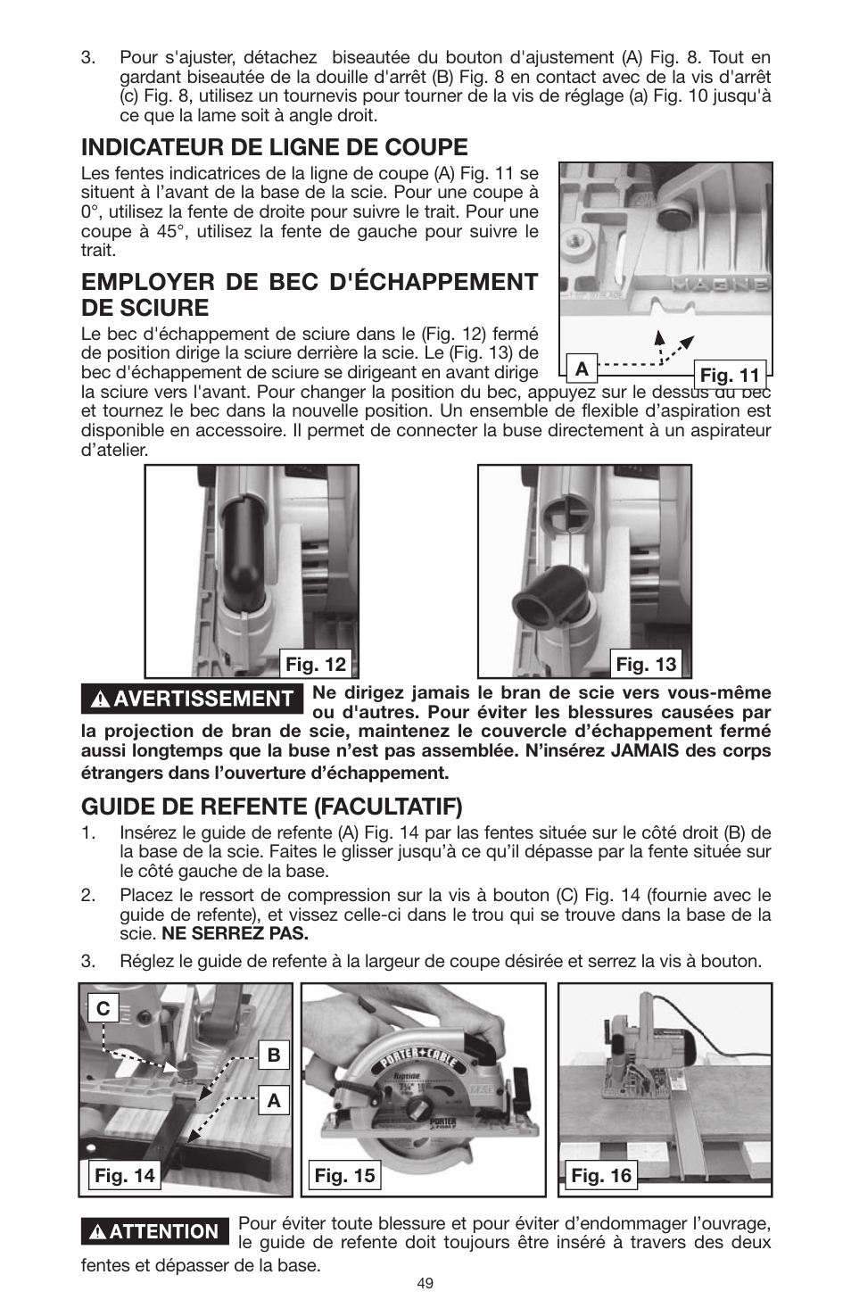 Indicateur de ligne de coupe, Employer de bec d'échappement de sciure, Guide de refente (facultatif) | PYLE Audio 324MAG User Manual | Page 49 / 56