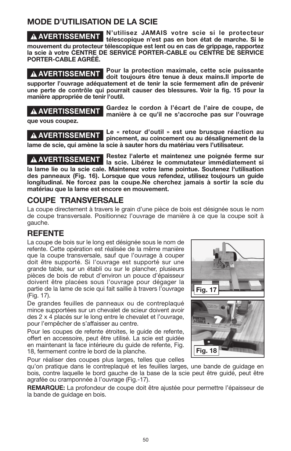 Mode d’utilisation de la scie, Coupe transversale, Refente | PYLE Audio 324MAG User Manual | Page 50 / 56