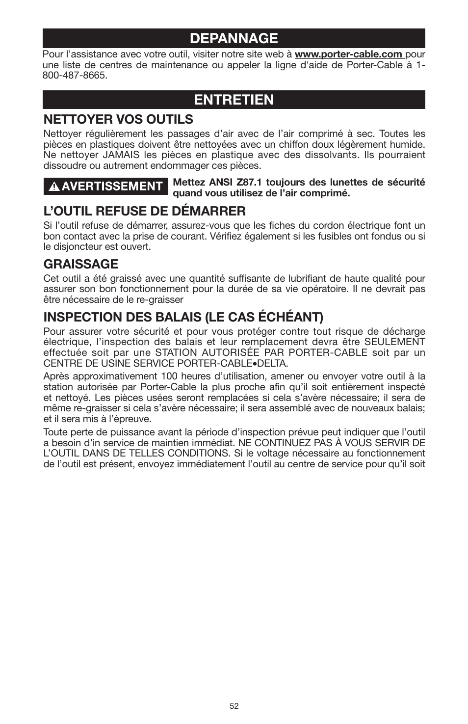 Entretien, Depannage, Nettoyer vos outils | L’outil refuse de démarrer, Graissage, Inspection des balais (le cas échéant) | PYLE Audio 324MAG User Manual | Page 52 / 56