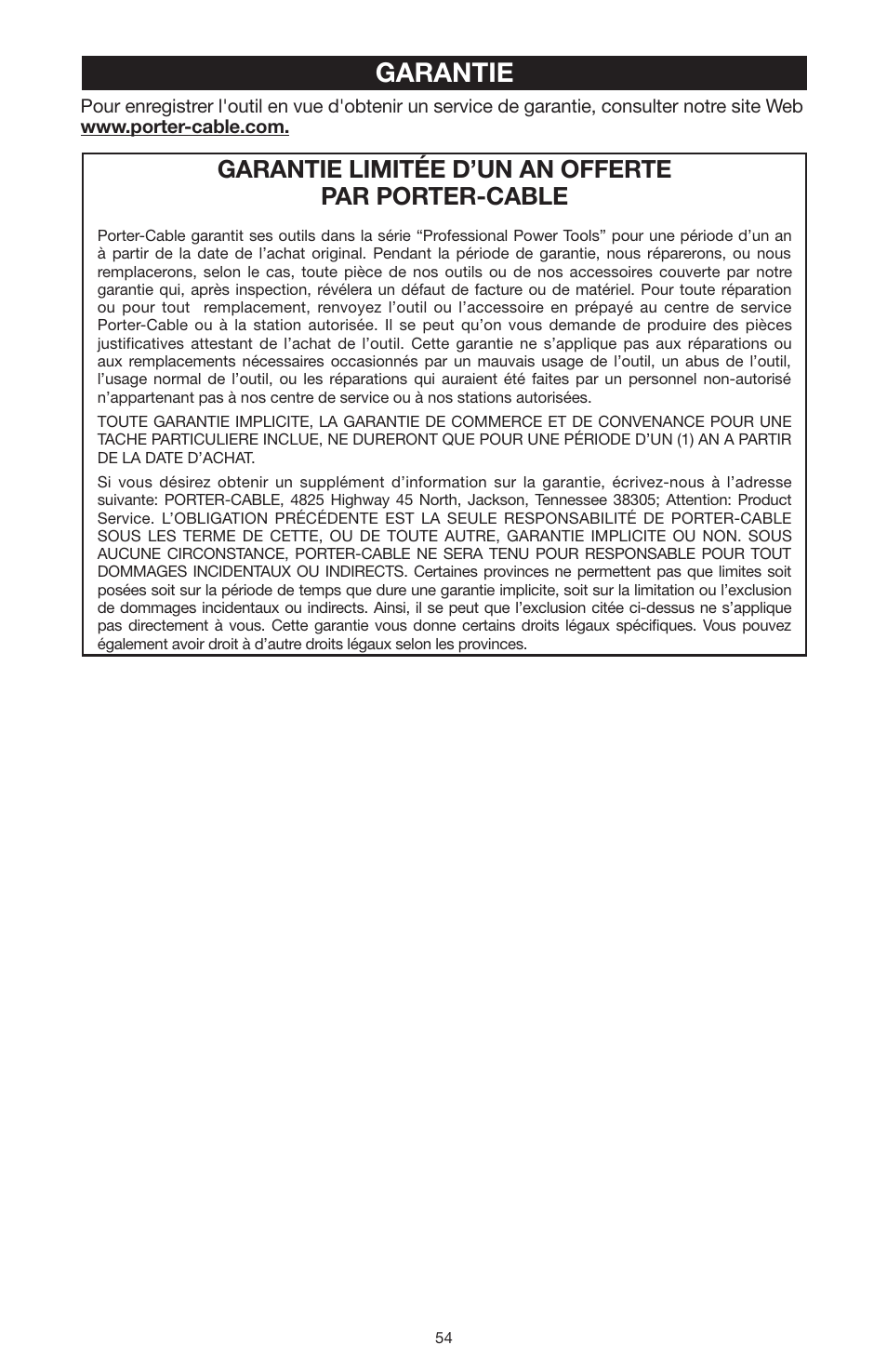 Garantie, Garantie limitée d’un an offerte par porter-cable | PYLE Audio 324MAG User Manual | Page 54 / 56