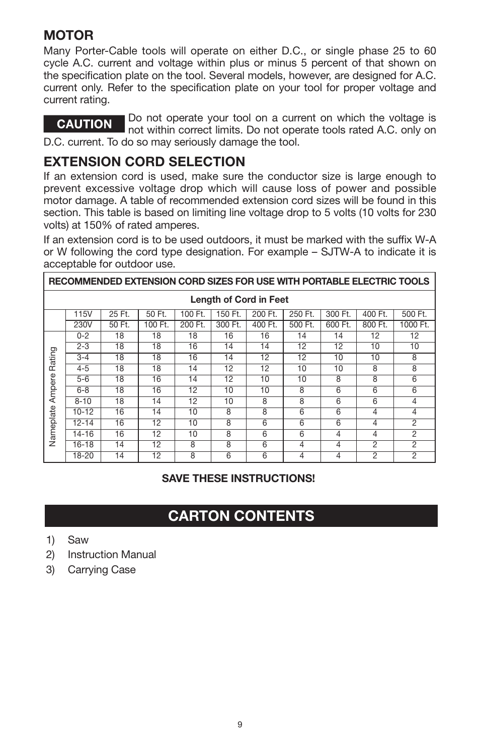 Carton contents, Extension cord selection, Motor | 1) saw 2) instruction manual 3) carrying case | PYLE Audio 324MAG User Manual | Page 9 / 56