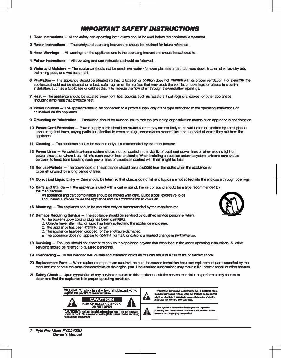 Important safety instructions | PYLE Audio 4 CHANNEL PROFESSIONAL MIXER PYD2400U User Manual | Page 2 / 8