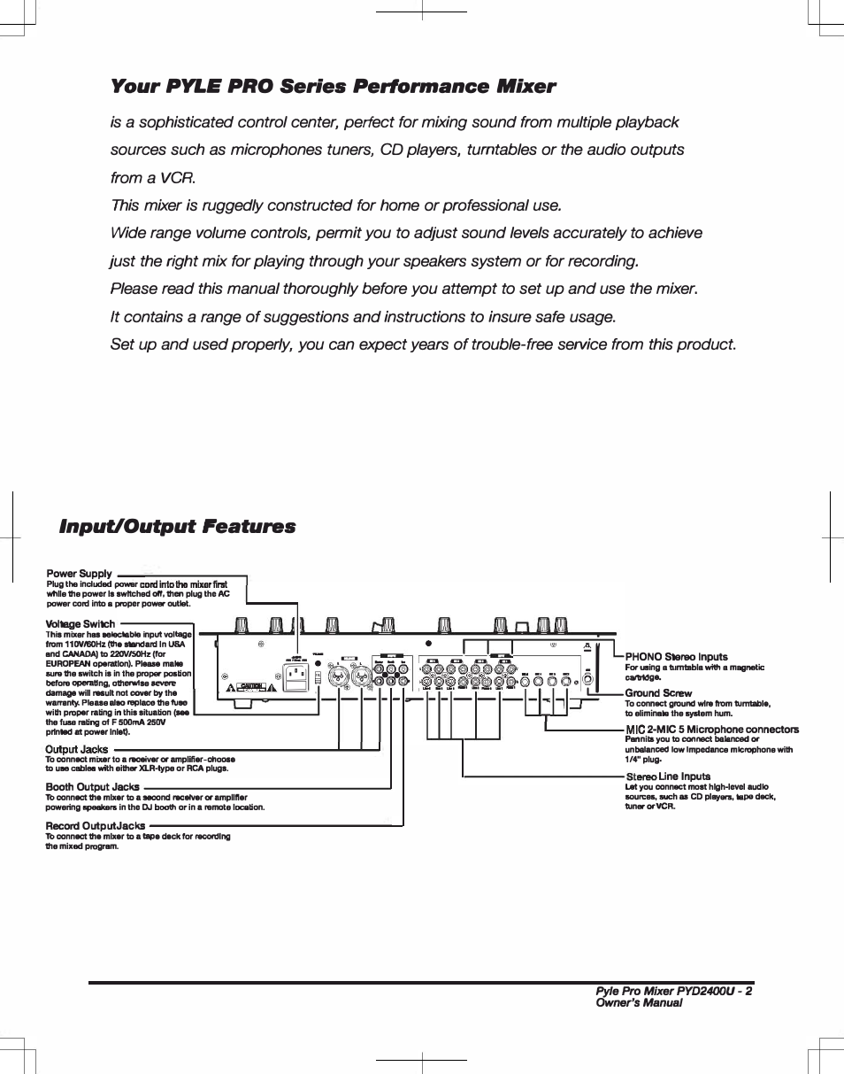 Your pyle pro series performance mixer, Input/output features, T:tj | PYLE Audio 4 CHANNEL PROFESSIONAL MIXER PYD2400U User Manual | Page 3 / 8