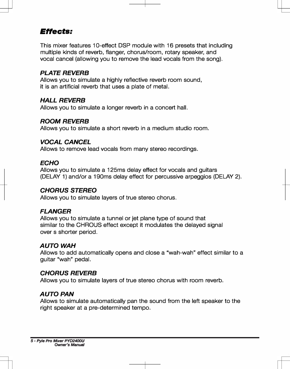 Effects | PYLE Audio 4 CHANNEL PROFESSIONAL MIXER PYD2400U User Manual | Page 6 / 8