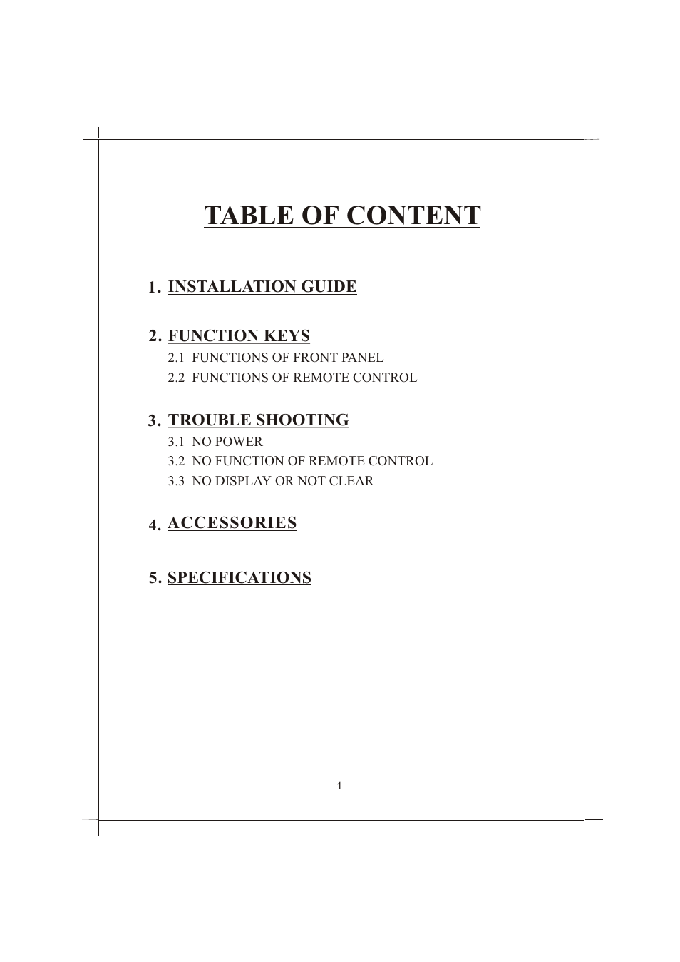 Table of content | PYLE Audio VIEW PLVW1045R User Manual | Page 2 / 7