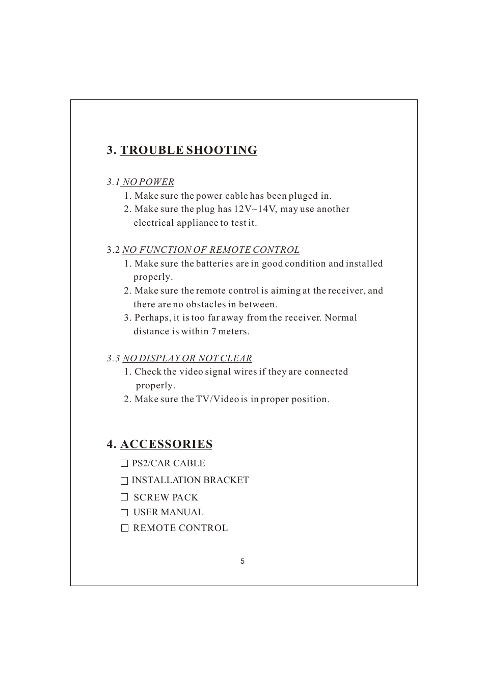 Trouble shooting, Accessories | PYLE Audio VIEW PLVW1045R User Manual | Page 6 / 7