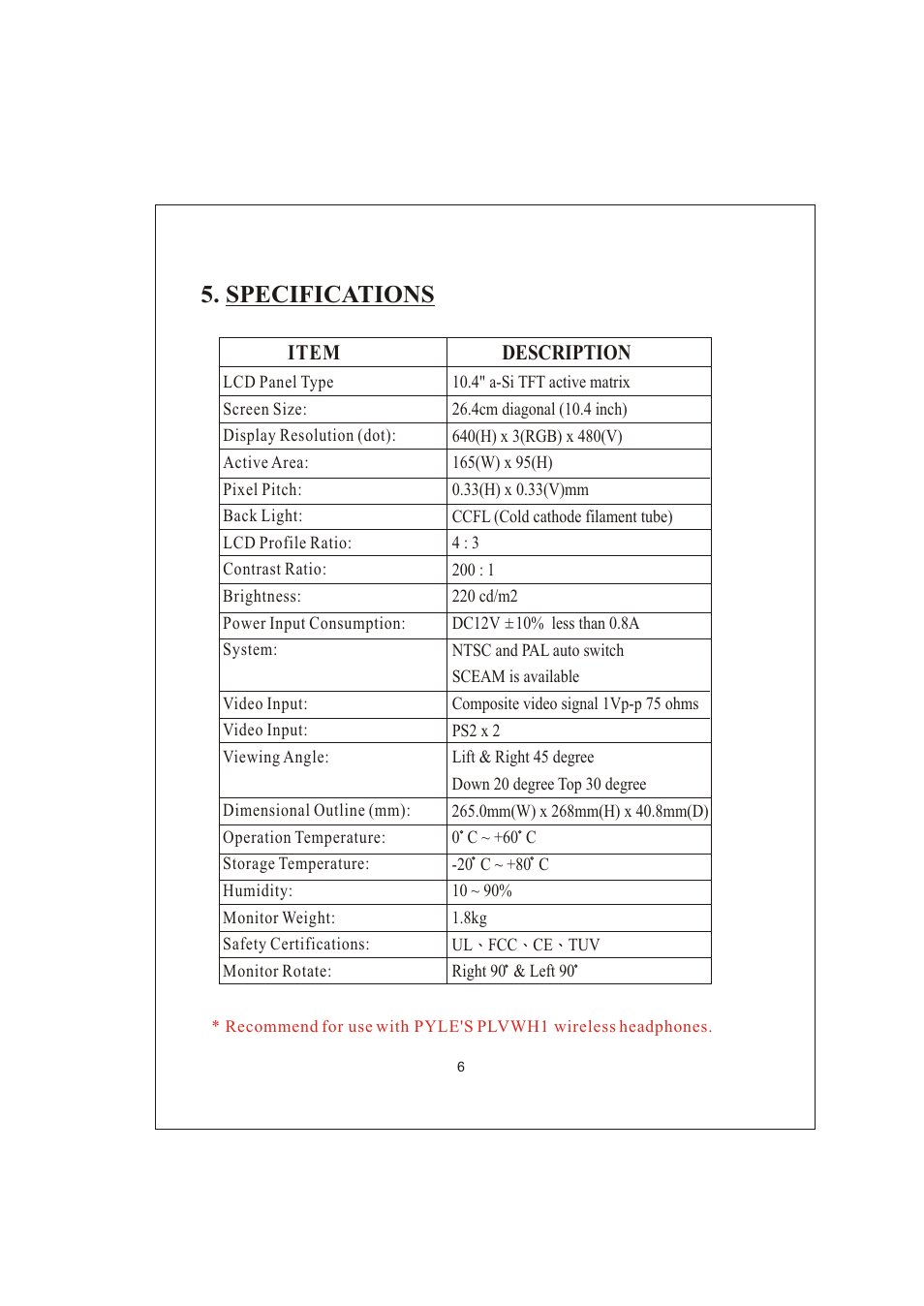 Specifications, Item description | PYLE Audio VIEW PLVW1045R User Manual | Page 7 / 7