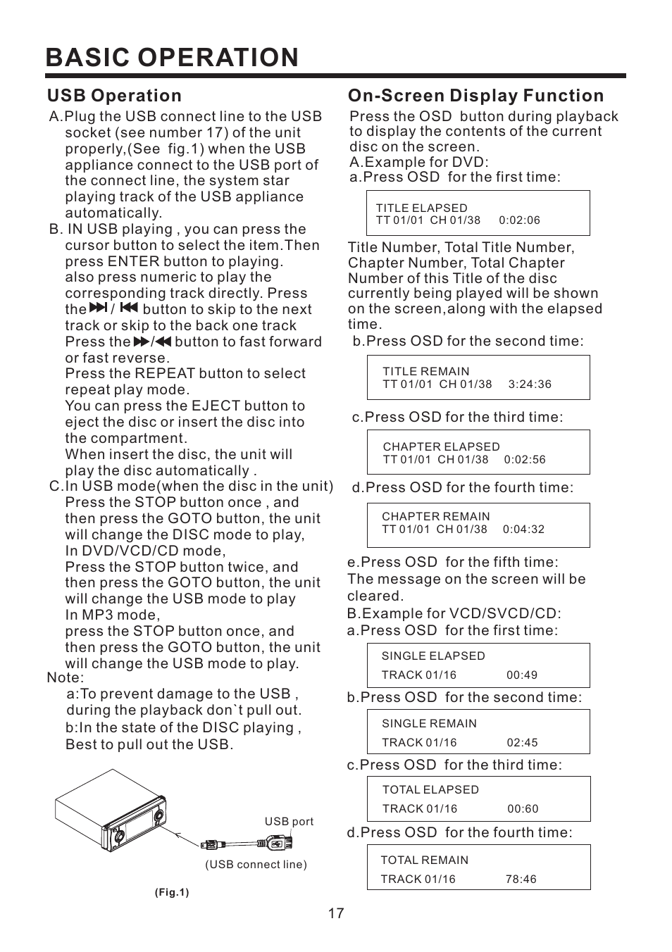 Basic operation, On-screen display function, Usb operation | PYLE Audio PLD58MUT User Manual | Page 18 / 26