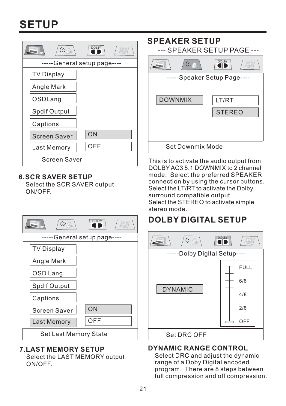 Setup, Speaker setup, Dolby digital setup | PYLE Audio PLD58MUT User Manual | Page 22 / 26