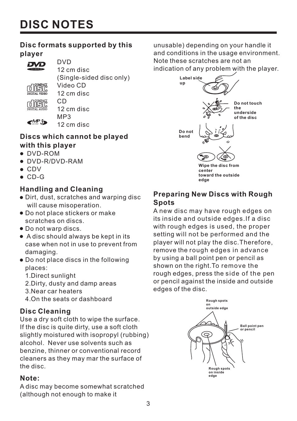 Preparing new discs with spots rough, Disc formats supported by this player, Disc cleaning | Handling and cleaning, Discs which cannot be played with this player | PYLE Audio PLD58MUT User Manual | Page 4 / 26