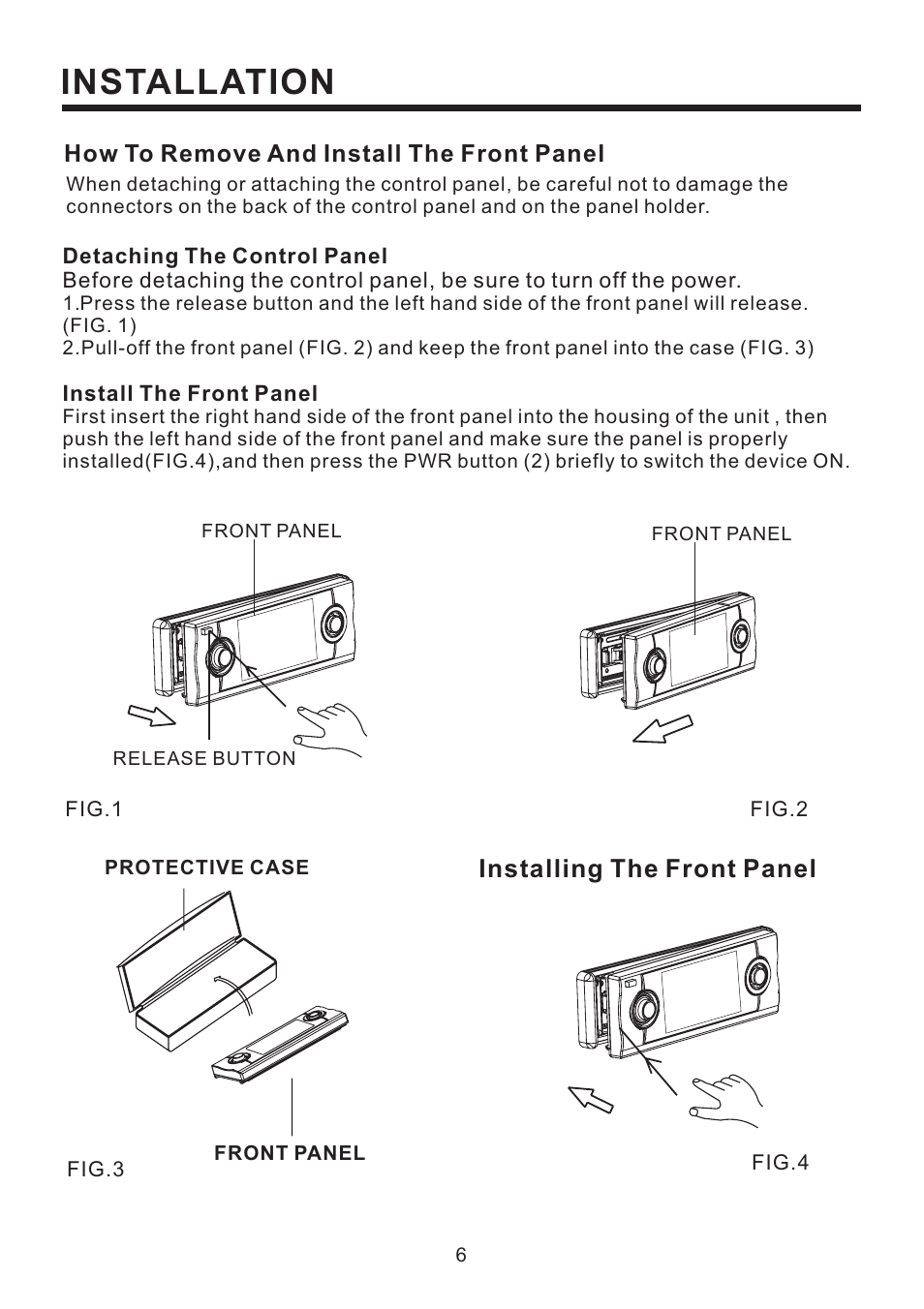 Installation, Installing the front panel | PYLE Audio PLD58MUT User Manual | Page 7 / 26