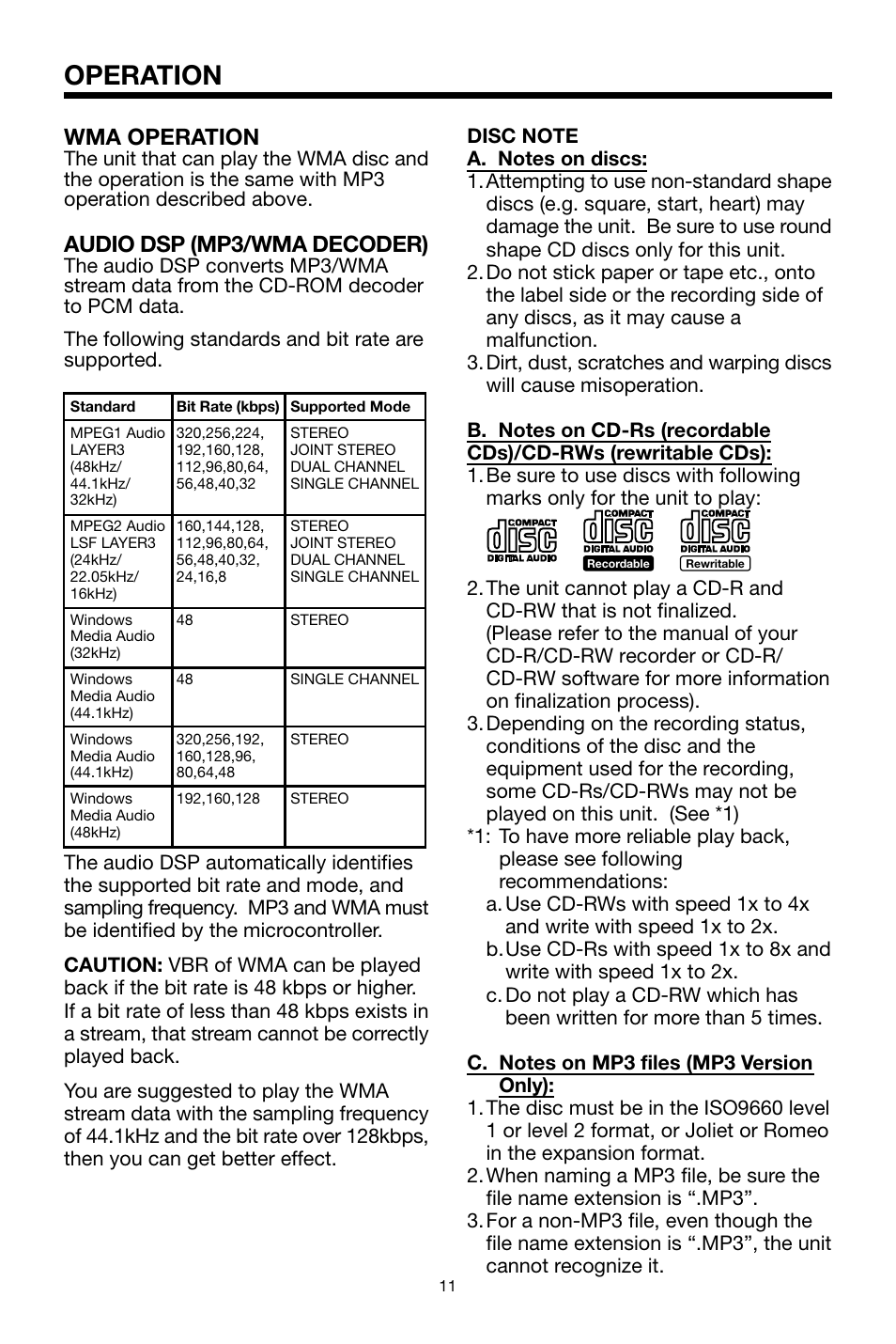Operation, Wma operation, Audio dsp (mp3/wma decoder) | PYLE Audio PLCDCS330MP User Manual | Page 11 / 16