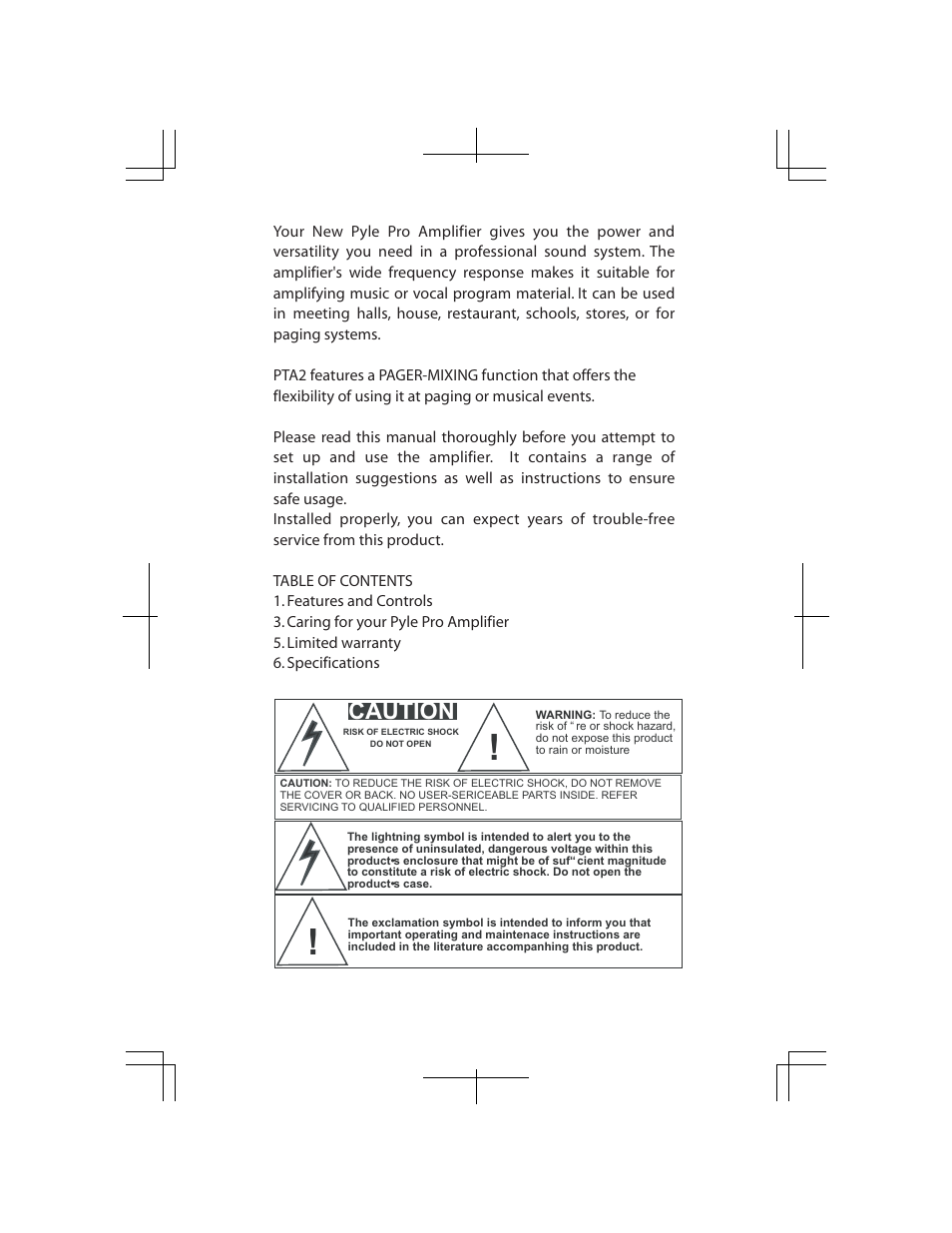 Caution | PYLE Audio PYLE PRO PTA2 User Manual | Page 2 / 8