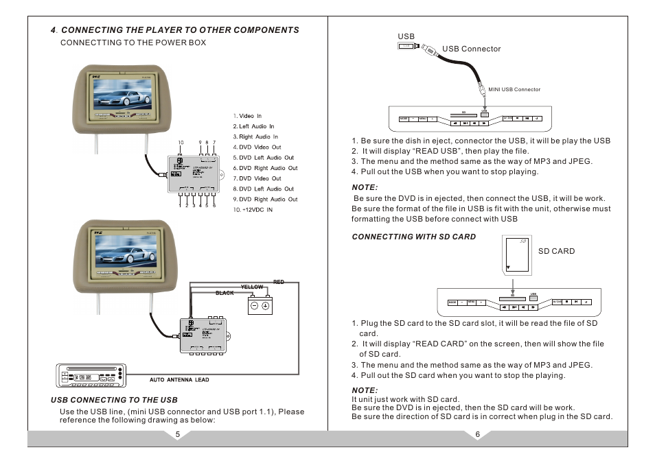 页面 4, Sd us b, Mode | Menu av/dvd, 4 . connecting the player to other components, Connectting to the power box, Usb connecting to the usb | PYLE Audio PLD7HB User Manual | Page 4 / 8