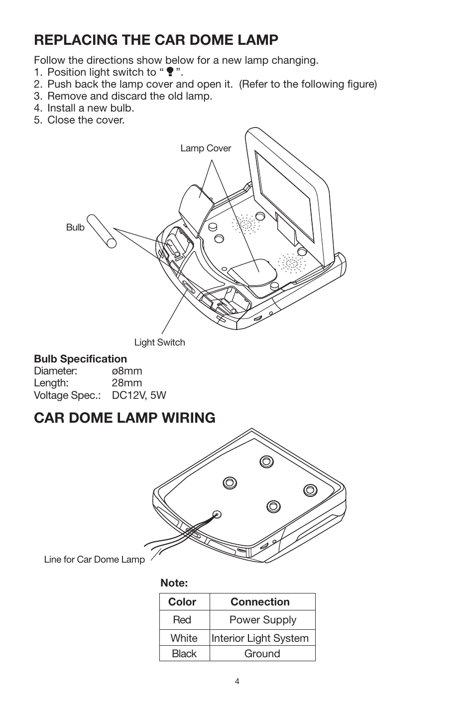 Replacing the car dome lamp, Car dome lamp wiring | PYLE Audio PLVWR70IR User Manual | Page 4 / 12