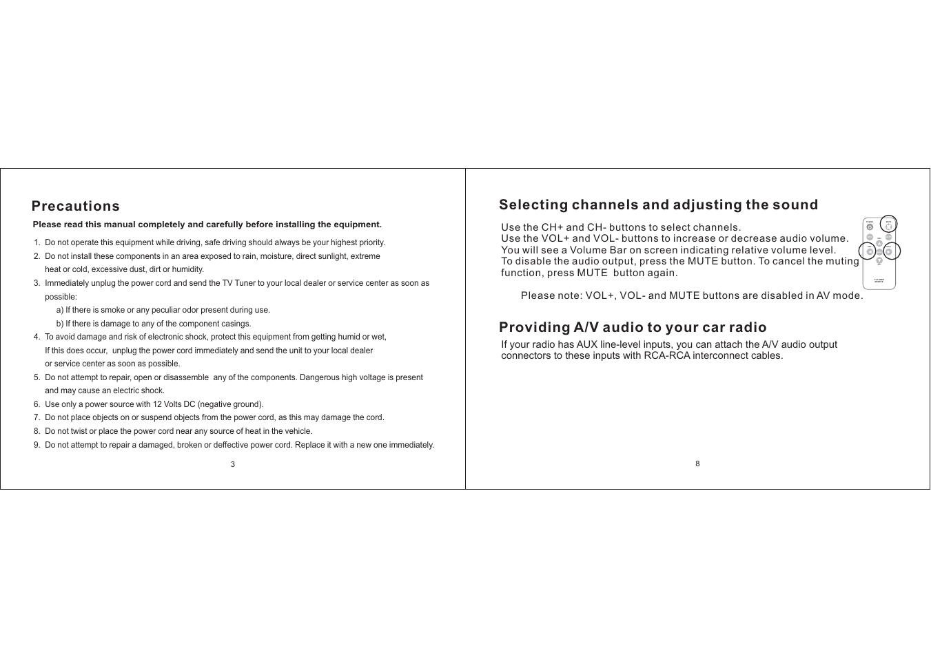 Precautions, Power mute vol+ vol- ch+ ch- menu, Providing a/v audio to your car radio | PYLE Audio PLTK120 User Manual | Page 3 / 5