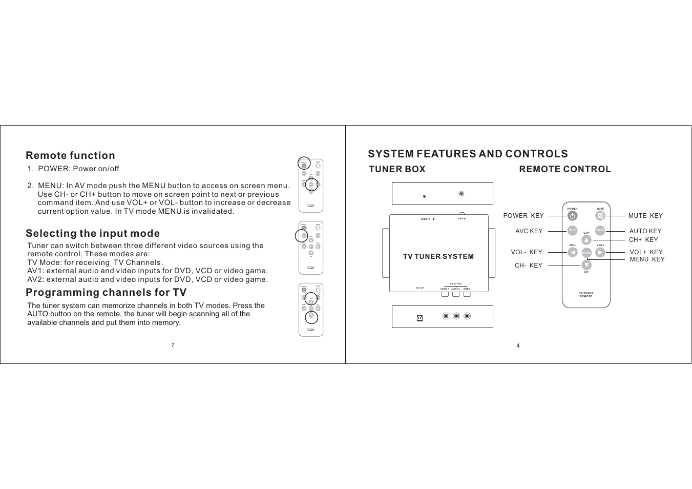 System features and controls, Power mute vol+ vol- ch+ ch- menu, Tv tuner remote power mute vol+ vol- ch+ ch- menu | Tv tuner remote | PYLE Audio PLTK120 User Manual | Page 4 / 5