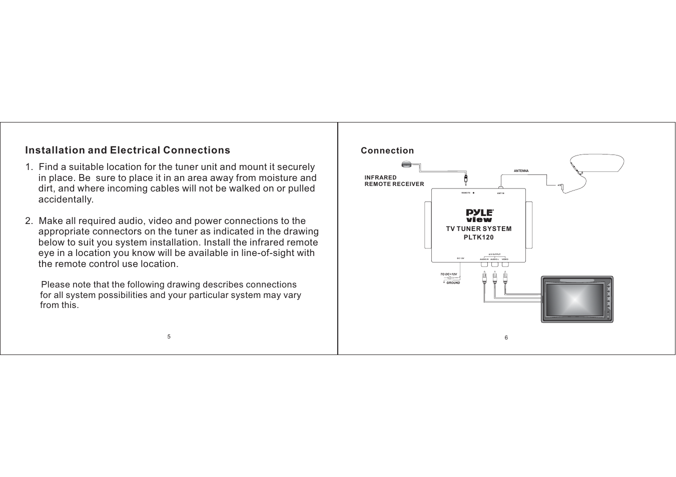 Installation and electrical connections, Av menu av3 + - power | PYLE Audio PLTK120 User Manual | Page 5 / 5