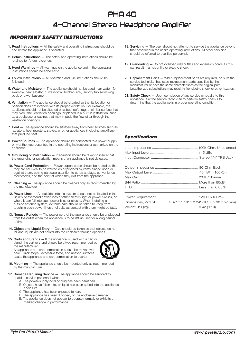 PYLE Audio PHA 40 User Manual | 2 pages