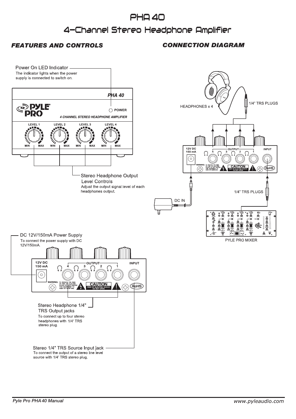 Channel stereo headphone amplifier | PYLE Audio PHA 40 User Manual | Page 2 / 2