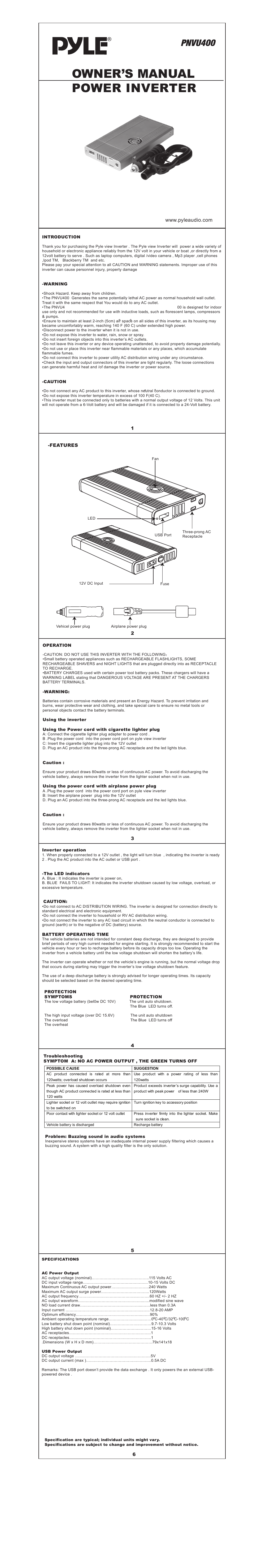 PYLE Audio Power Inverter PNVU400 User Manual | 1 page