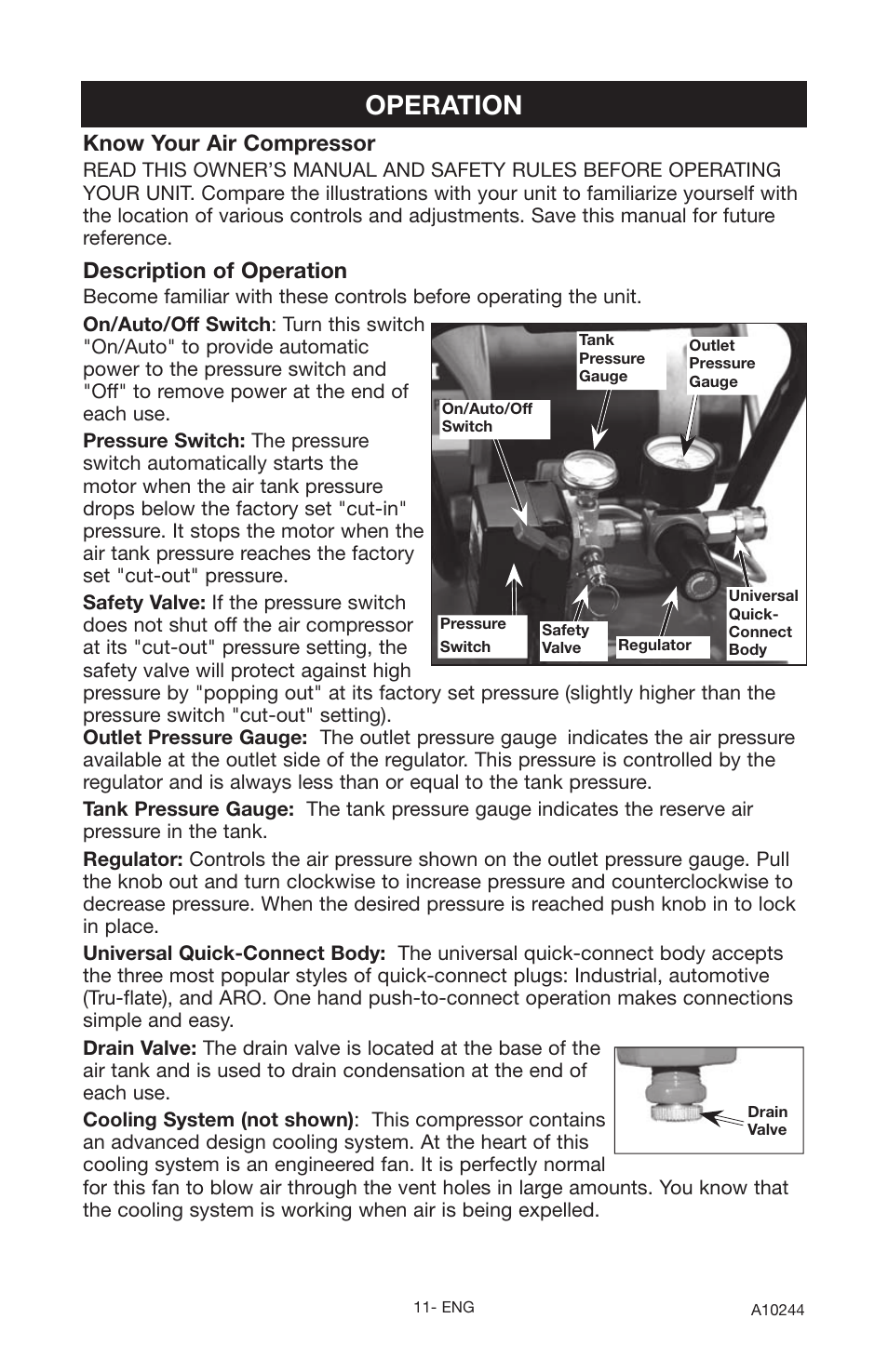 Operation, Description of operation, Know your air compressor | PYLE Audio C6110 User Manual | Page 11 / 22