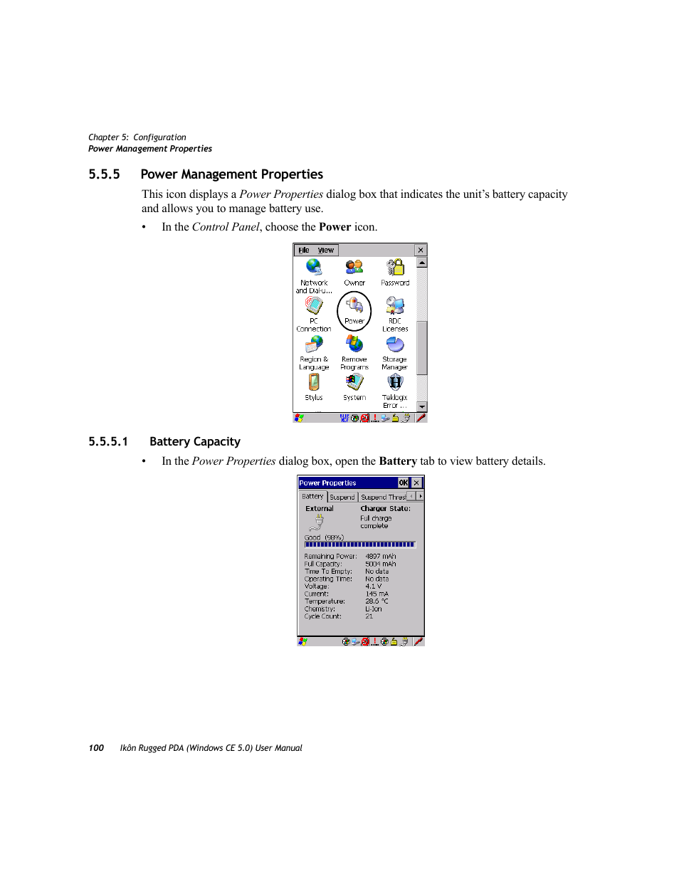 5 power management properties, 1 battery capacity, Power management properties | Battery capacity | PYLE Audio IKON RUGGED 7505-BTSDCMHC25 User Manual | Page 112 / 324