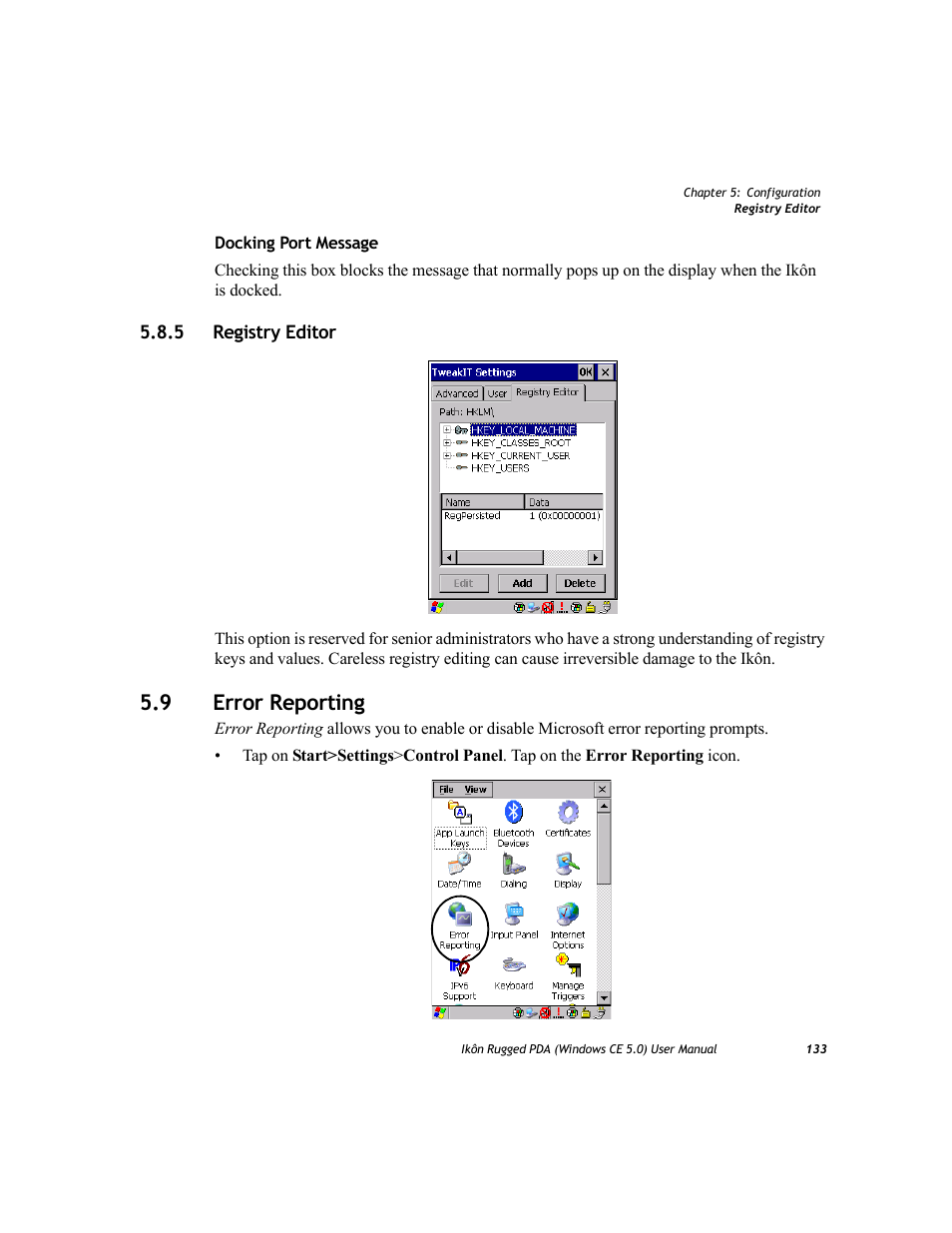 5 registry editor, 9 error reporting, Registry editor | Error reporting | PYLE Audio IKON RUGGED 7505-BTSDCMHC25 User Manual | Page 145 / 324