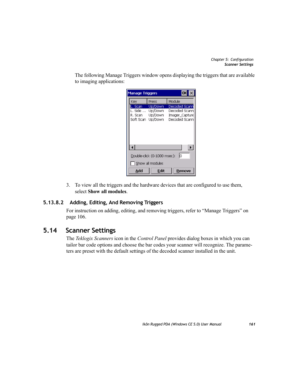 2 adding, editing, and removing triggers, 14 scanner settings | PYLE Audio IKON RUGGED 7505-BTSDCMHC25 User Manual | Page 173 / 324